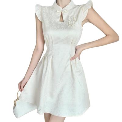 Uccellino Cheongsam-klänning, mini-volanger, snygg och ren klänning, perfekt för cosplay, dejter, Halloween och fester (Storlek L)