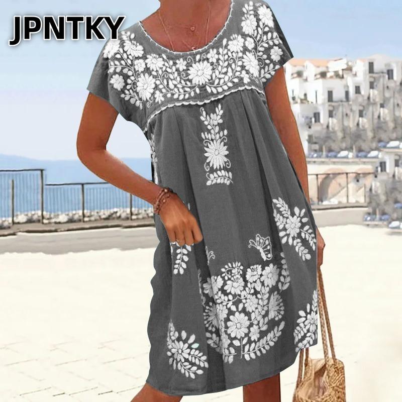 JPNTKY Γυναικεία Μόδα Καλοκαίρι Άνοιξη Κοντομάνικα Φορέματα Κάσουαλ με Στρογγυλή Λαιμόκοψη