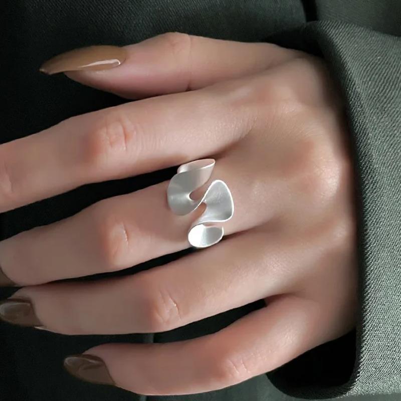 925 Silver Geometric Wave Opening Rings For Women Minimalist Irregular Adjustable Statement Jewelry Luxury Party Gift