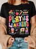 Play Is Learning Teacher T-Shirt- Colorful Educational Pattern Print, Breathable Summer Casual Top,