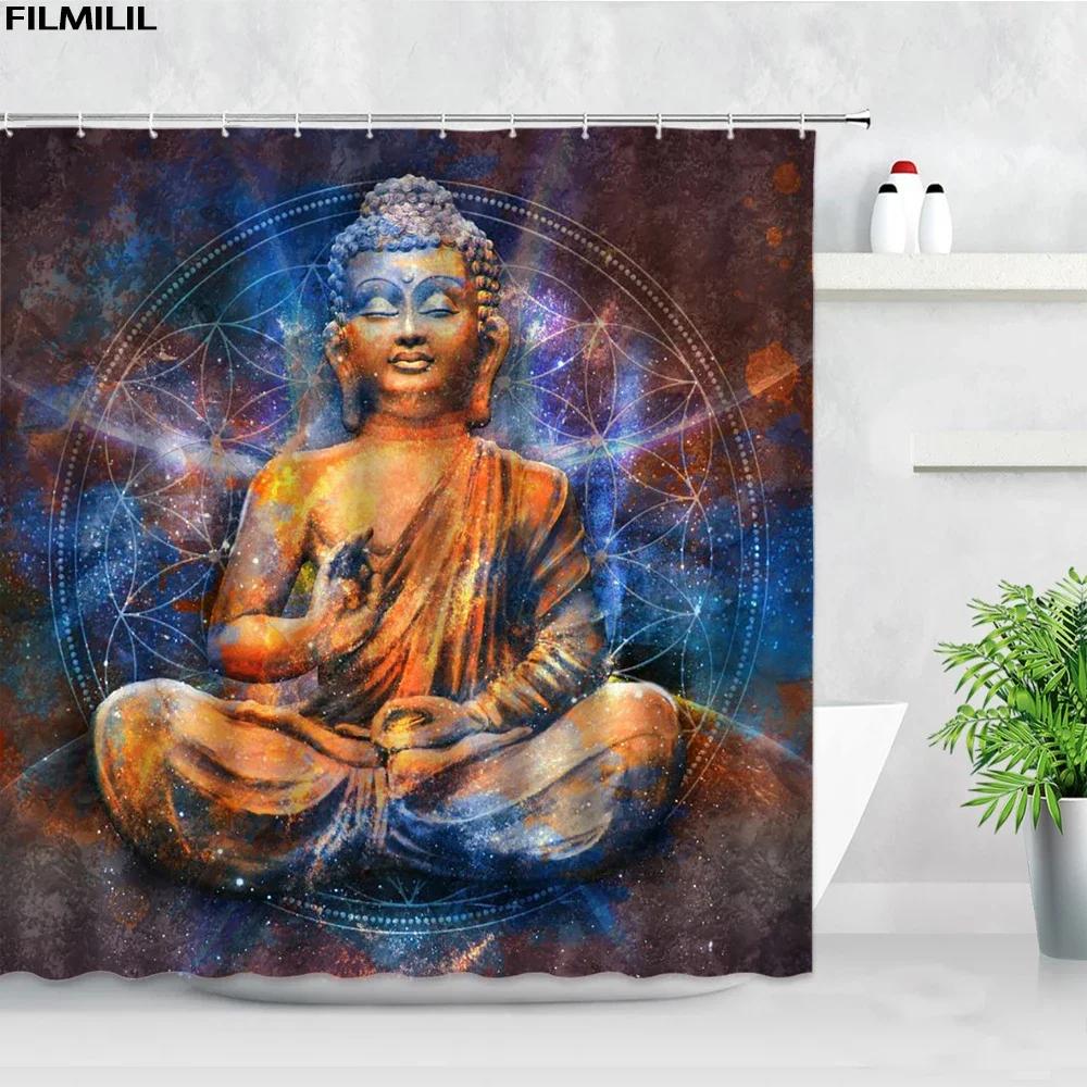 Zen Green Bamboo Shower Curtains Stone Buddha Lotus Candle Asian Japanese Spa Garden Scenery Bath Curtain Fabric Bathroom Decor