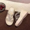 2025 new slippers women's summer fashion versatile outer wear heightened thick bottom slope heel rhinestone premium high heel cool slippers