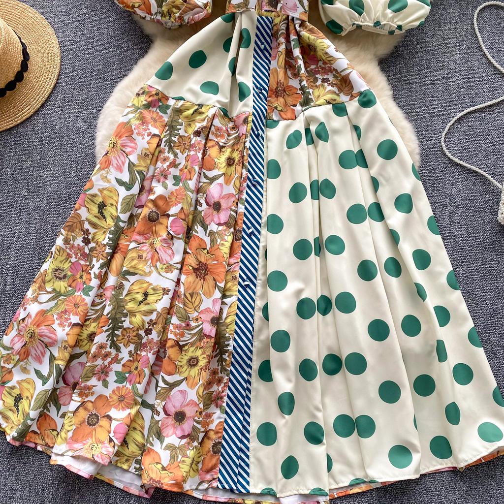 Summer Elegant Midi Patchwork Dress for Women Lapel 3/4 Sleeve Wave Point Breasted Female Design Vestidos New In 2024 Chic