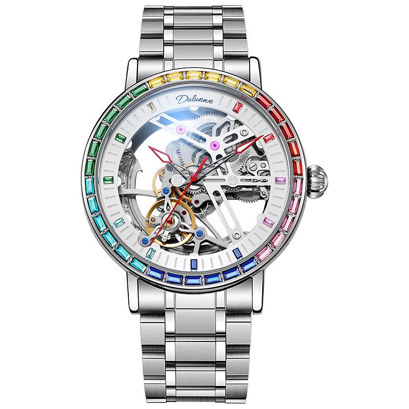 Colored Gemstone Bezel Tourbillon Series Men's Automatic Skeleton Mechanical Watch Trendy Night Light Water-Resistant Wristwatch