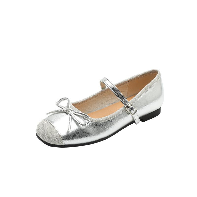 Silver high-end ballet shoes spring and summer new Mary Jane shoes flat-bottomed round head bow word with light mouth single shoes