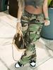 European-American Retro Women's High Waist Camouflage Cargo Pants with Wide Legs and Turn-Up Pockets - Style 8115