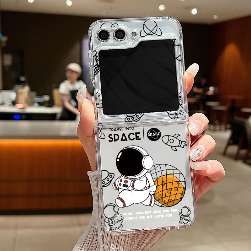 2pcs Astronaut Pattern Folding Shell For Samsung Galaxy Z Flip6 Flip5 Flip4 Flip3 Planet Clear Shockproof Slim Phone Case Cover