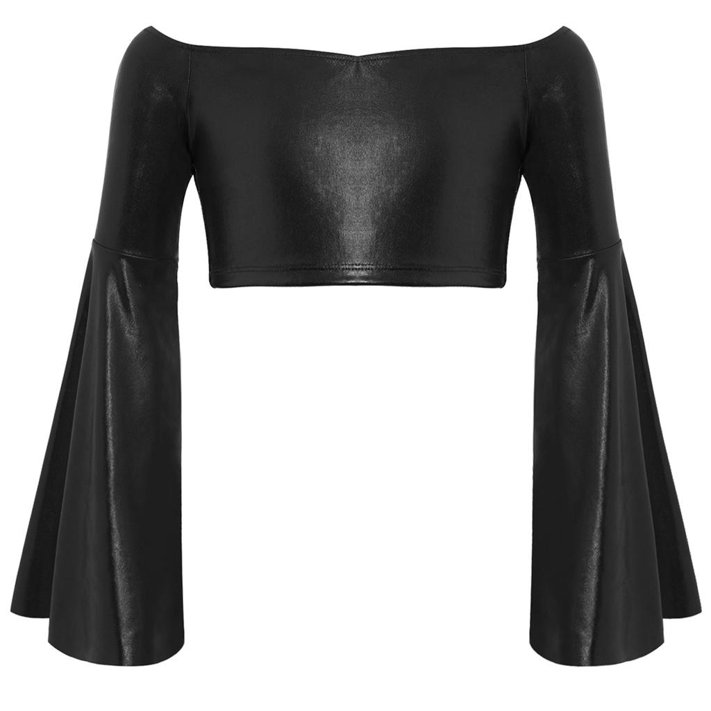 Flickors Prestanda Crop Top Lång Utställd Ärm Off Shoulder Metallisk Design Födelsedagsfest Toppar