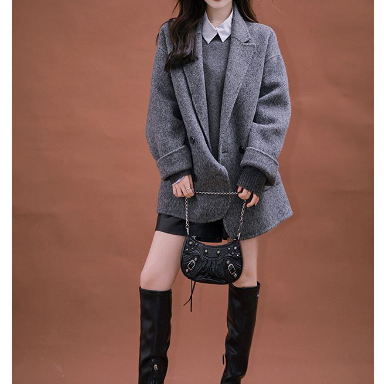 Double-sided cashmere coat, high-end loose suit woolen jacket for women, gray temperament spring women's clothing
