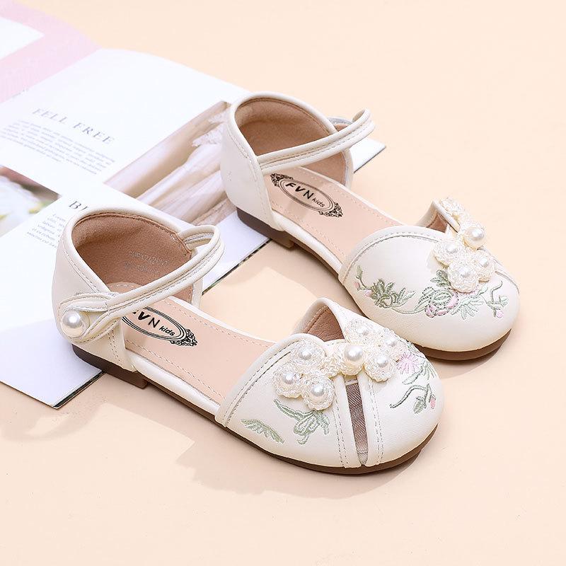 Kids Chinese Style Floral Embroidered Pearl Ankle Strap Sandals 26