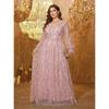 Plus Size Womens Elegant Sequined Bridesmaid Dress V-Neck Long Sleeve Slit Fitted Temperament Wedding Party Dress