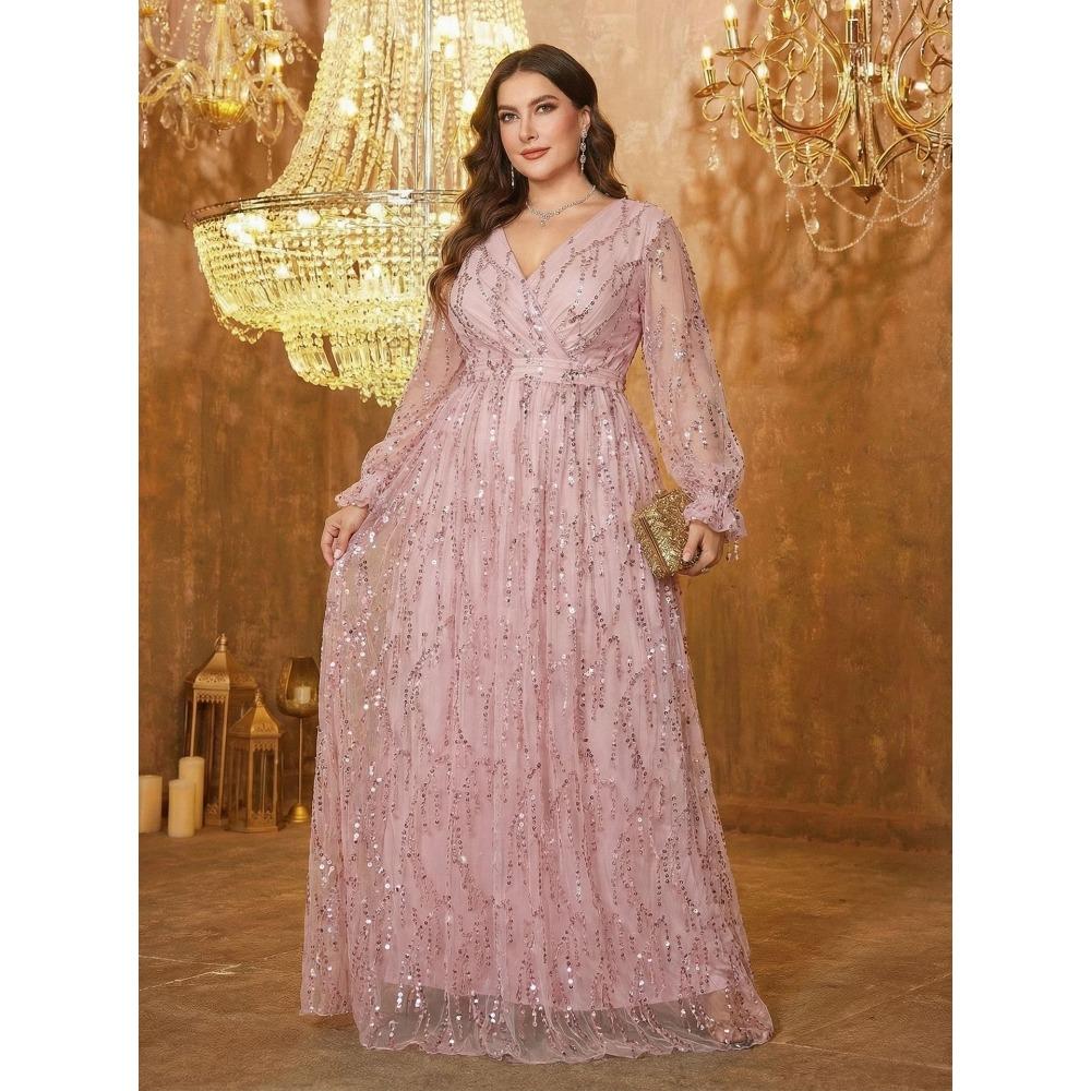 Plus Size Womens Elegant Sequined Bridesmaid Dress V-Neck Long Sleeve Slit Fitted Temperament Wedding Party Dress