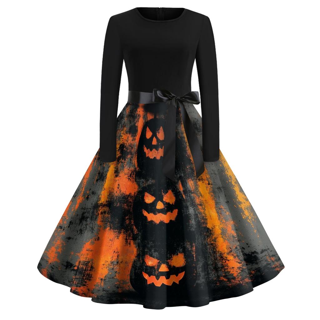 Women's Casual Fashion Halloween Print Round Neck Vintage Style Dress Long Sleeve Fit and Flare Midi Dress with Waist Tie for Seasonal Wear