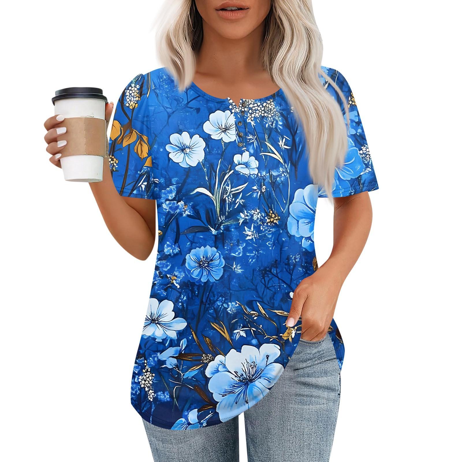 

Женский модный повседневный короткий рукав пуловер с принтом на пуговицах и круглым вырезом L синий