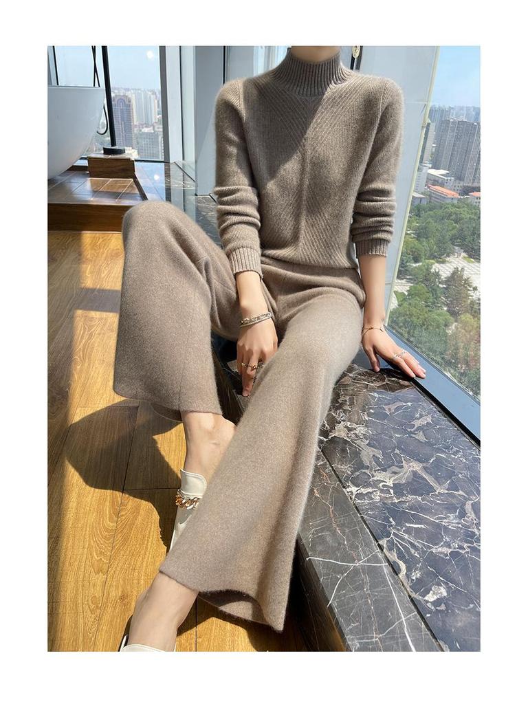 Damskie spodnie z szerokimi nogawkami ze 100% wełny z wysokim stanem na jesień/zimę - Pogrubione, ciepłe i luźne