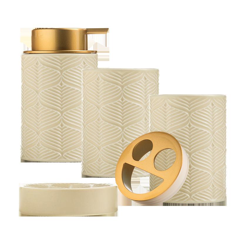 European Style Ceramic Lotion Bottle Toothbrush Cup Soap Dish Bathroom Washing Set Embossed 3D Makeup Remover Storage Bottle
