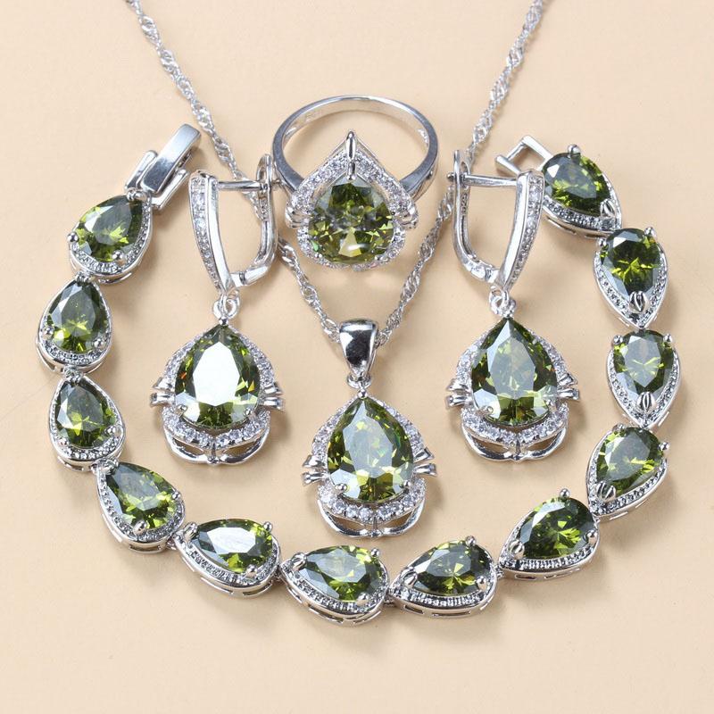 Water Drop Jewelry Sets With Green Cubic Zirconia Bridal Necklace And Earrings For Women Wedding Accessory