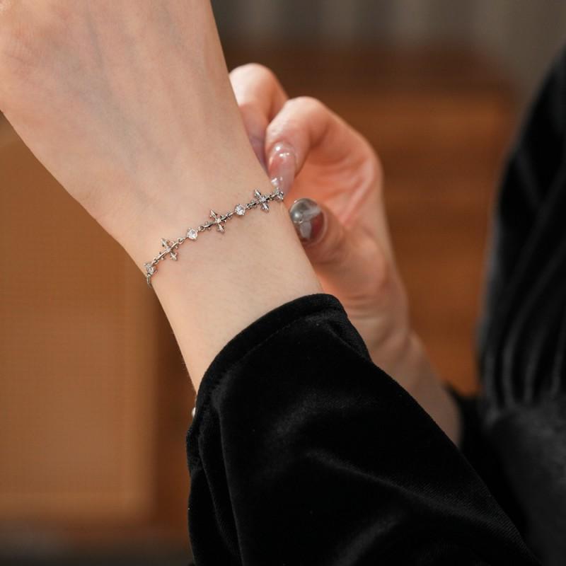 Elegant Zircon Cross Iris Flower Bracelet Women Minimalist Chic Tone Statement Jewelry