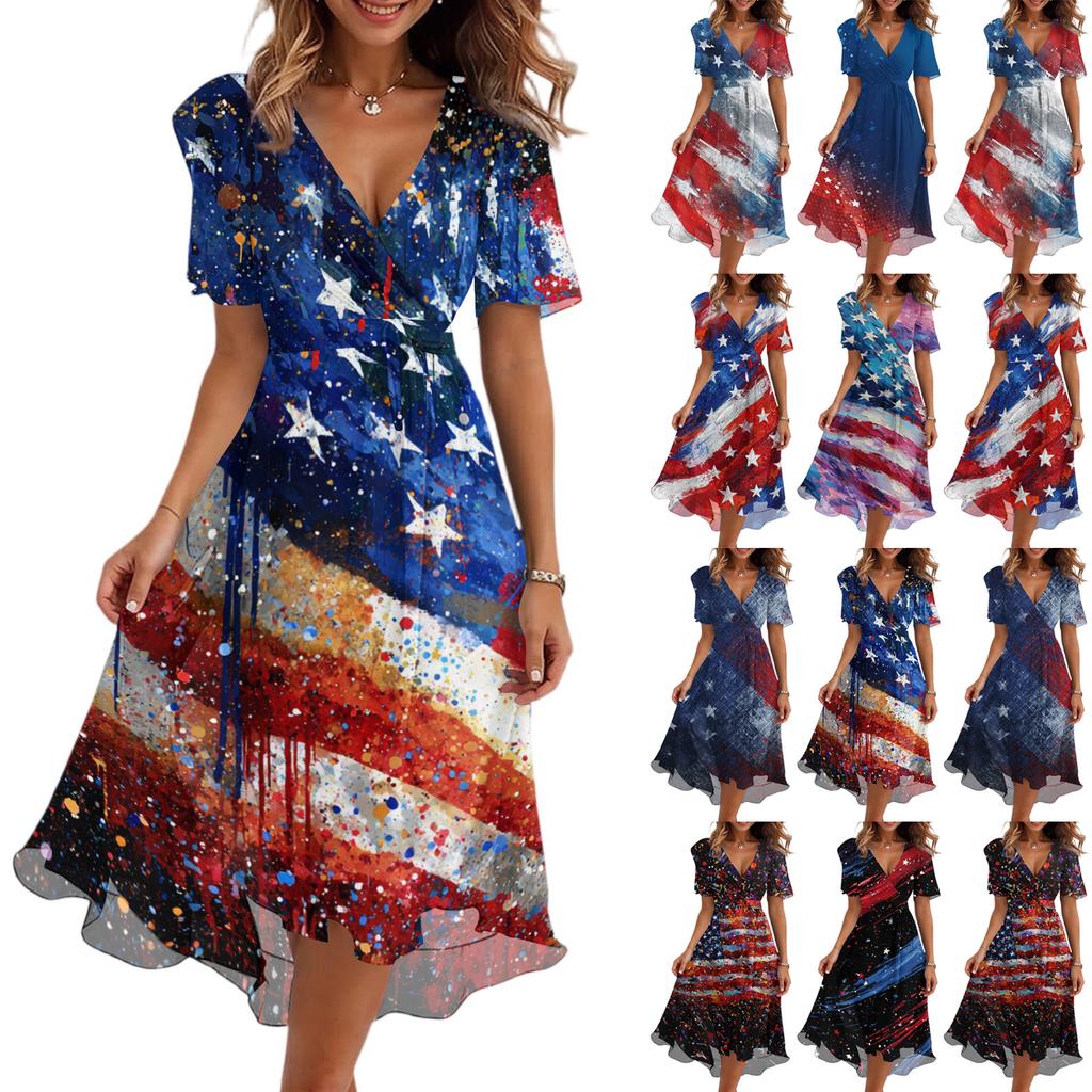 Women’s V Neck Short Sleeve Midi Dress with Abstract Flag Print High Waist Flowy Hem Casual Loose Fit Summer Dress