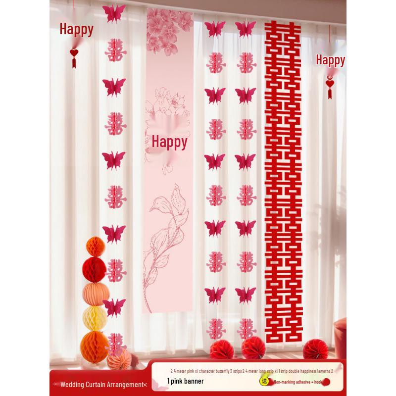 Wedding Room Decor Set: Double Happiness Curtains, Bay Window Trim, Bedroom Bows