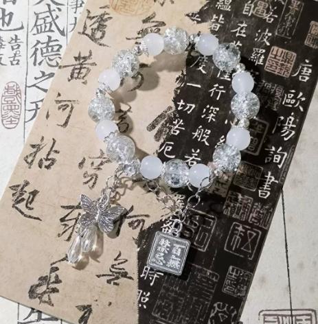 Handcrafted Beaded Bracelet with Crystal and Frosted Glass Beads Featuring Butterfly Charm and Square Pendant Adjustable Length for Daily Wear One Size