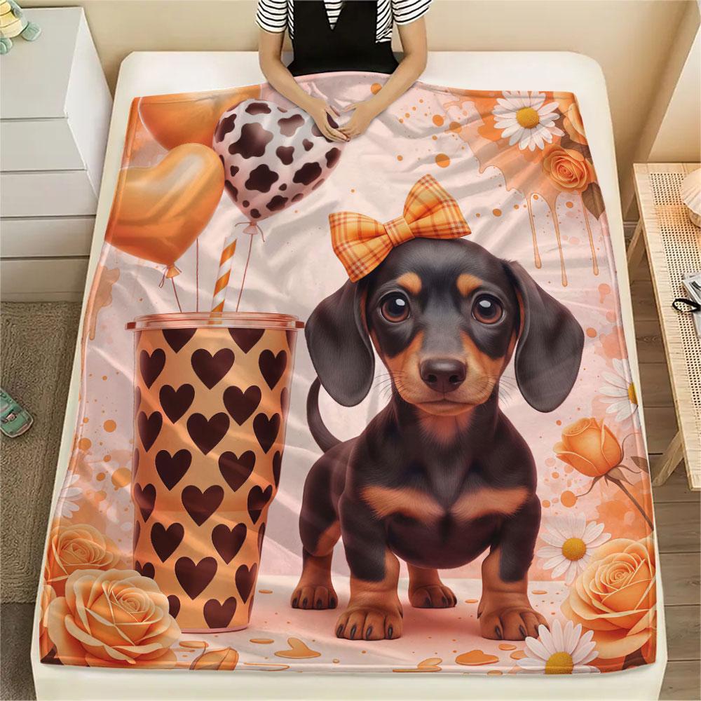 1Pc Dachshund Print Flannel Blanket, High quality Comfortable for All Seasons, Home Decor, Warmth and Comfort, Perfect for Christmas Gifts