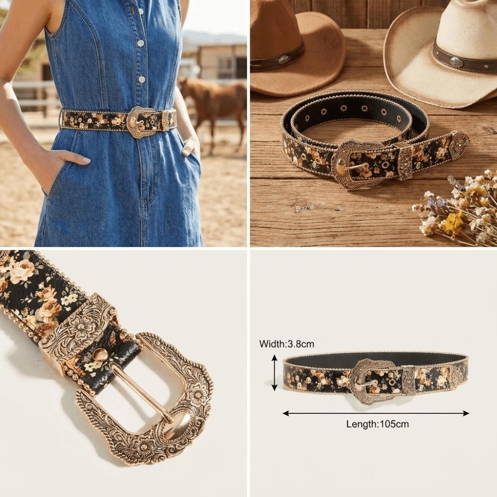Bohemian-Stil geschnitzte Metallschnalle Gürtel Randperlen Retro Blumenmuster Gürtel Damen Accessoires