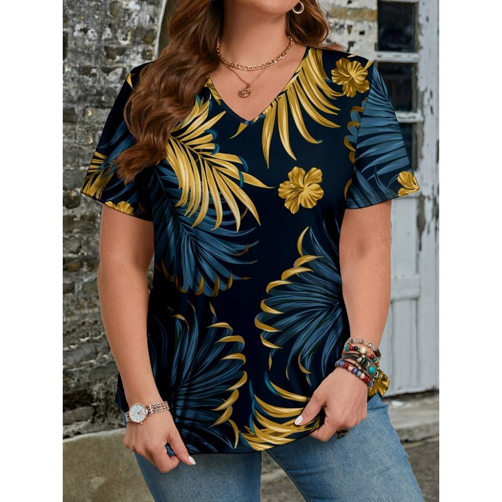 

Футболка женская летняя повседневная элегантная простая с V-образным вырезом и короткими рукавами с тропическим растительным принтом свободная повседневная женская футболка XXXL