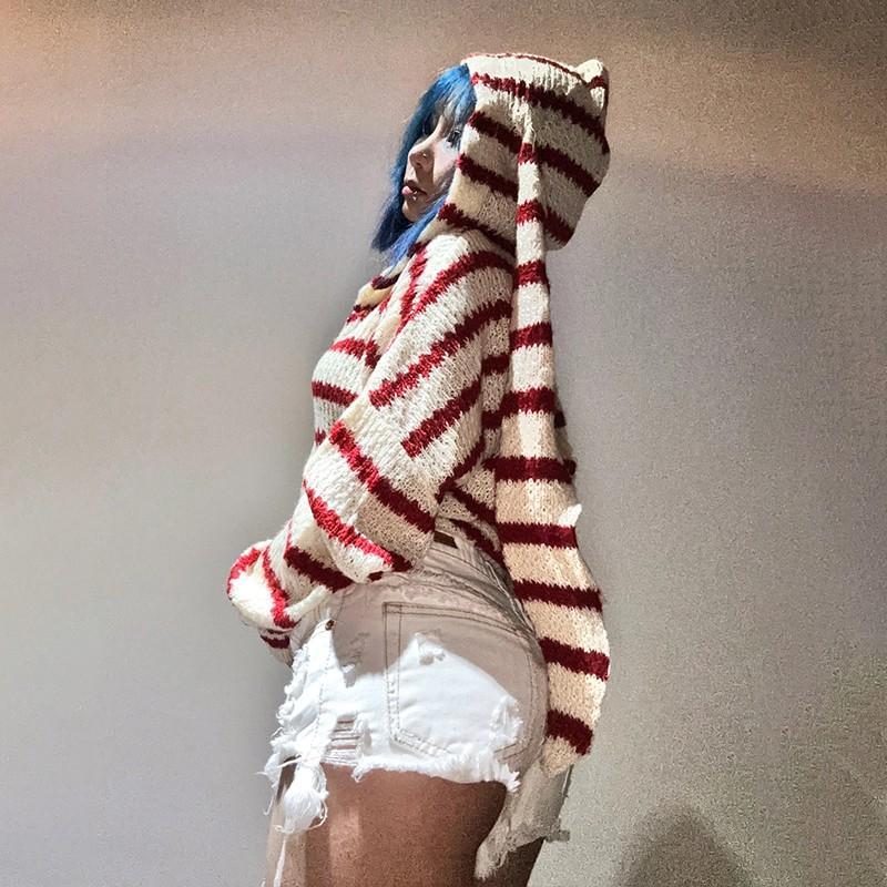Japanese Y2k Hooded Cardigan 2000s Aesthetics Rabbit Ears Zipper Knitwear Vintage Harajuku Red Stripe Sweater Grunge