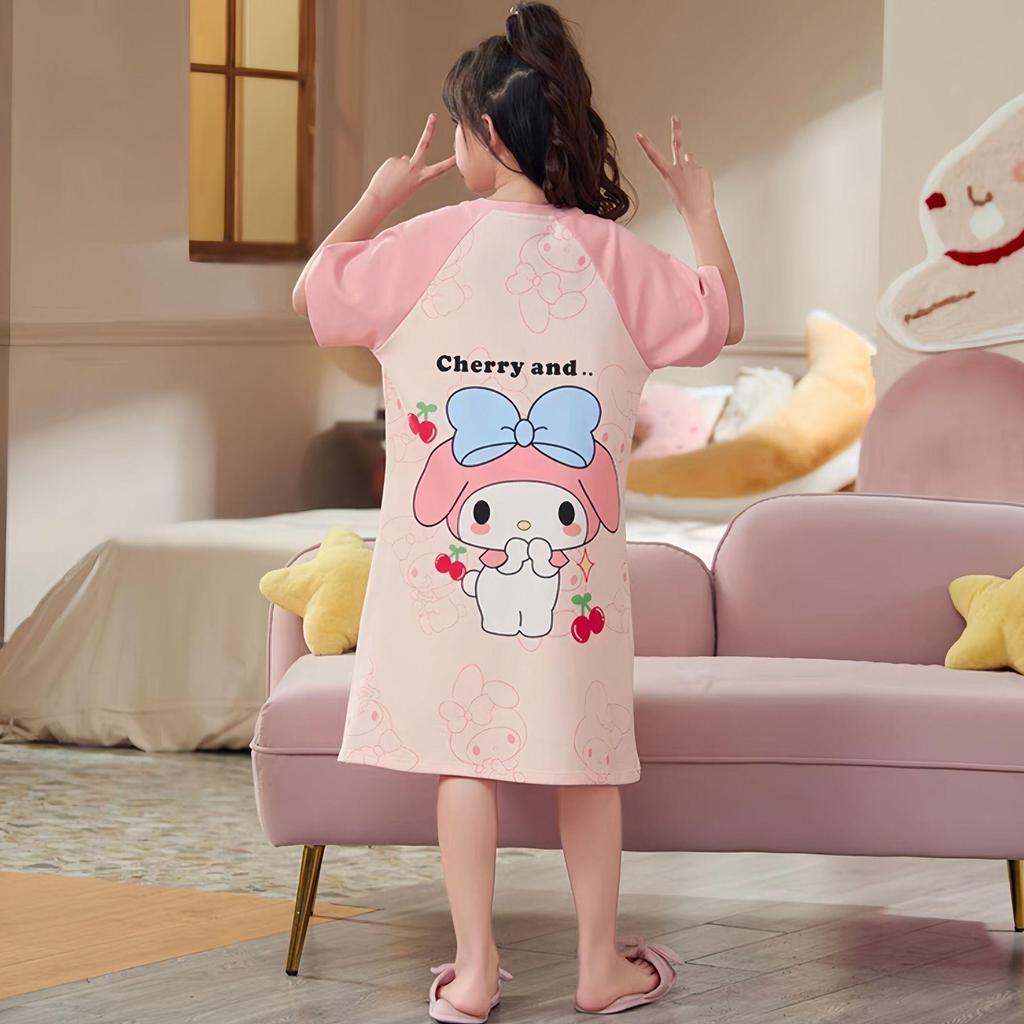 Girls' Short Sleeve Summer Pajama Set for Older Kids - Thin, Comfortable Homewear and A/C Nightgown