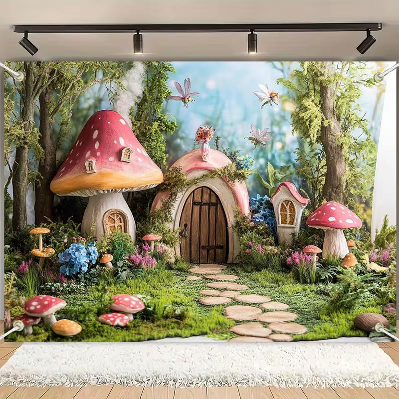 2D Verzauberter Wald Wandteppich, Magisches Pilzhaus Wandbehang für Ästhetische Raumdekoration