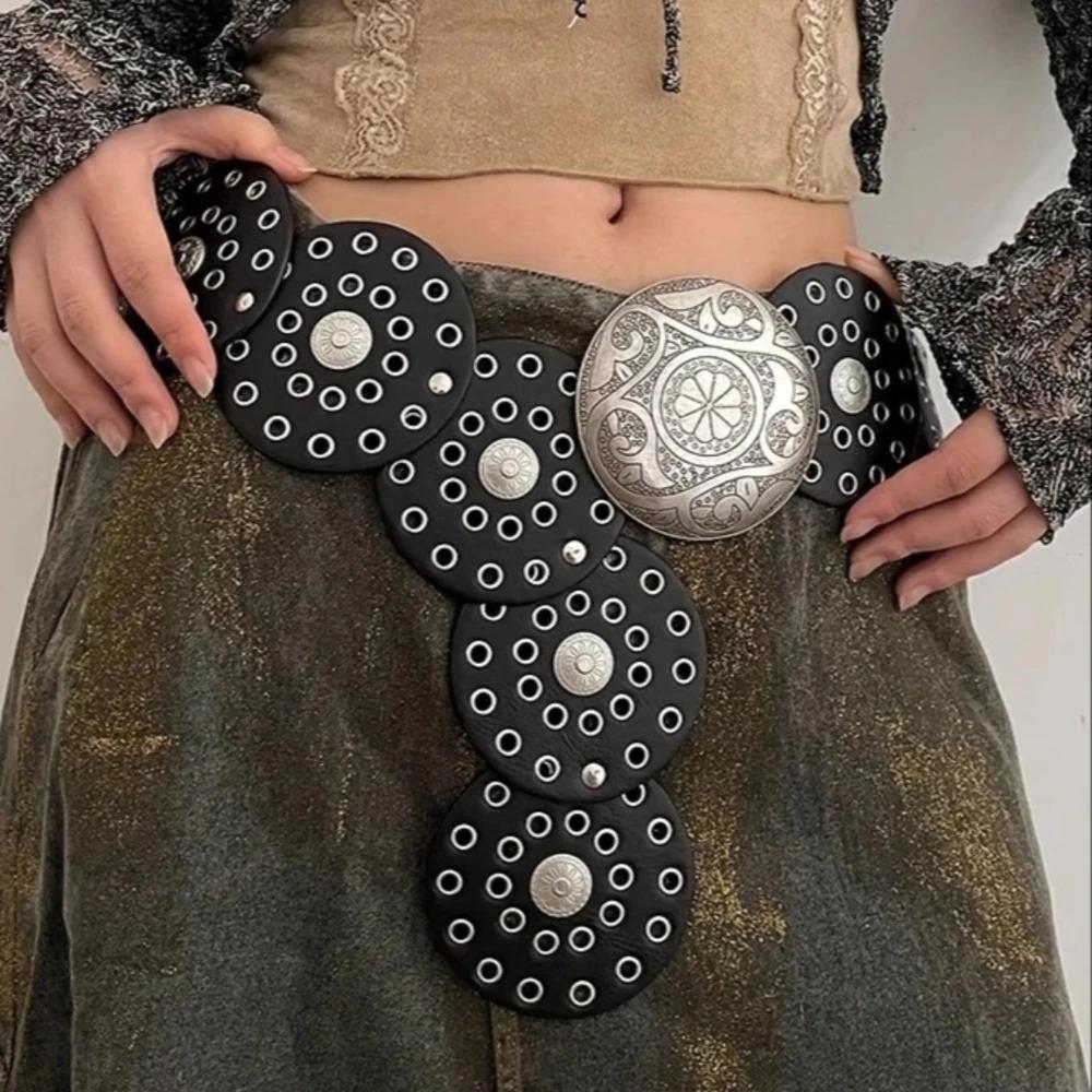Women Spice Y2K Harajuku Style Vintage Rivet Patchwork Design Wide Belt Street Faux Leather Waistband