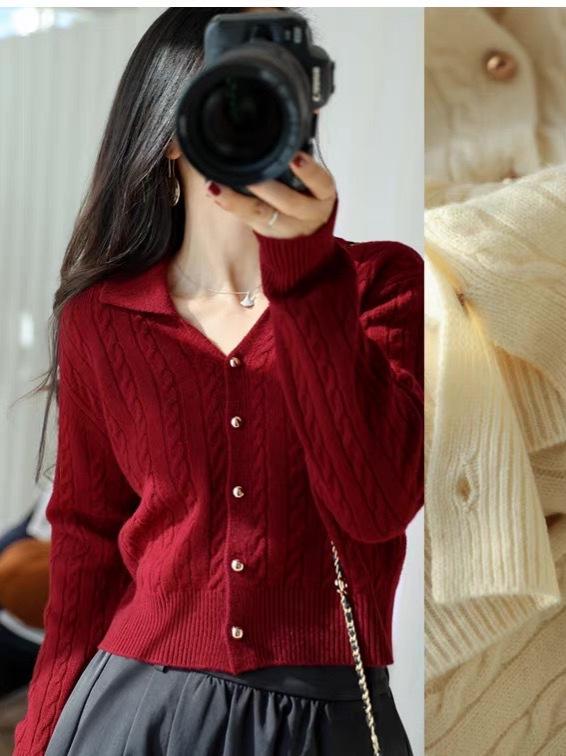 Women's 100% Pure Wool Cable Knit Cardigan - Fashionable Short Lapel Sweater for Autumn & Winter