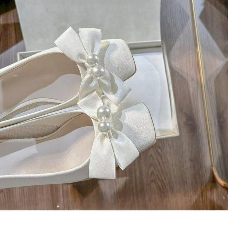 Soft Leather French Square Toe High Heels Women's New Temperament Pearl Bow Soft Sole Block Heel Single Shoes