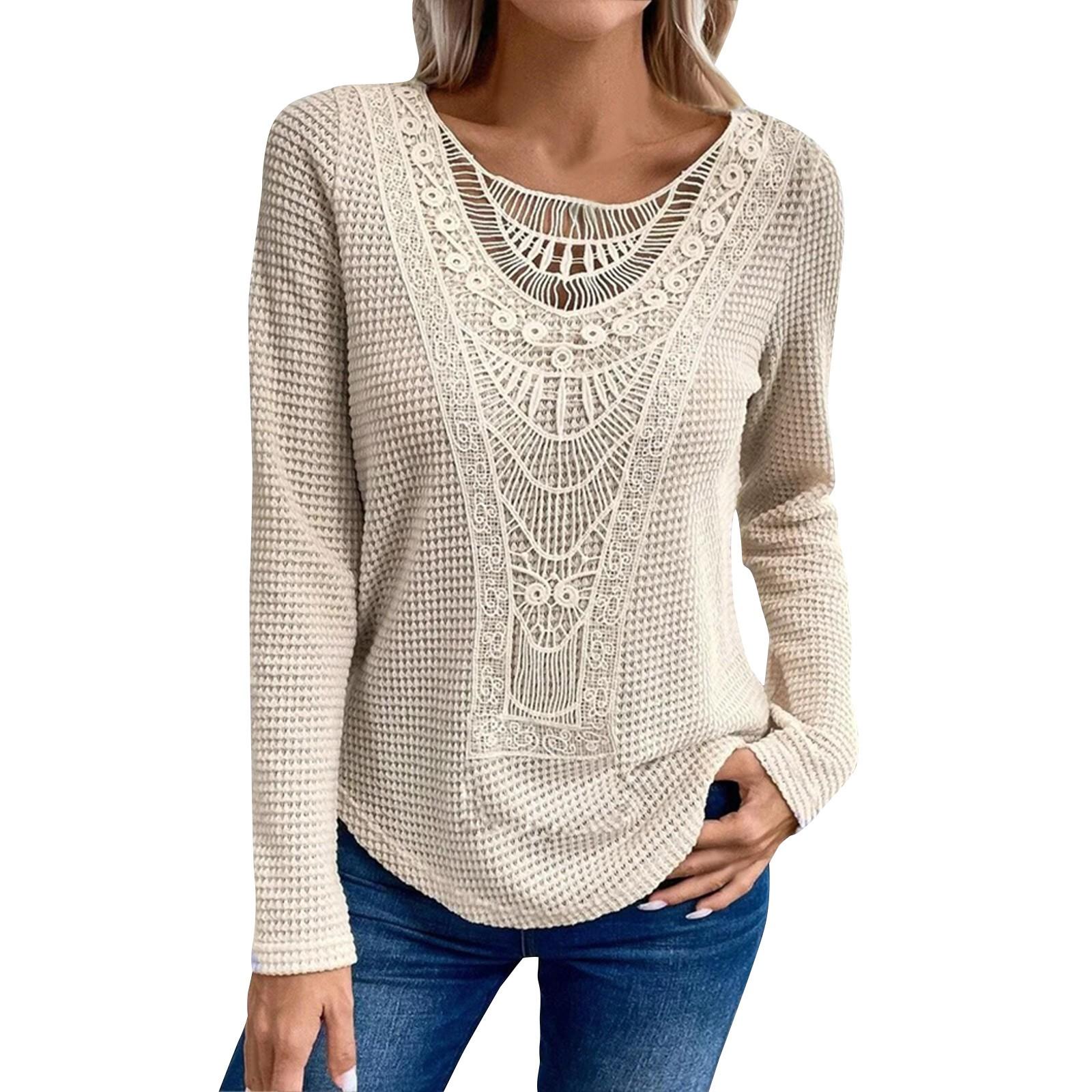 

Футболка с длинными рукавами Solid Solor Lace Patchwork с кружевным круглым вырезом для женщин XXXL