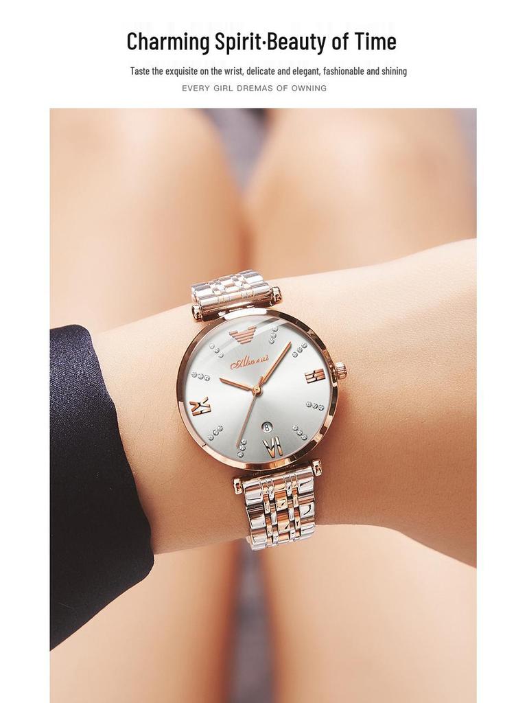 High-End Women's Quartz Watch with Genuine Diamond-Set Steel Band