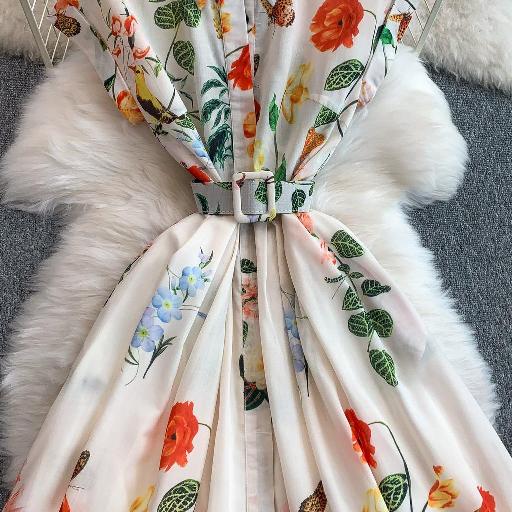 Summer Women Elegant Turn-down Collar Designer Print Long Midi Runway Party Shirt Dresses With Belt