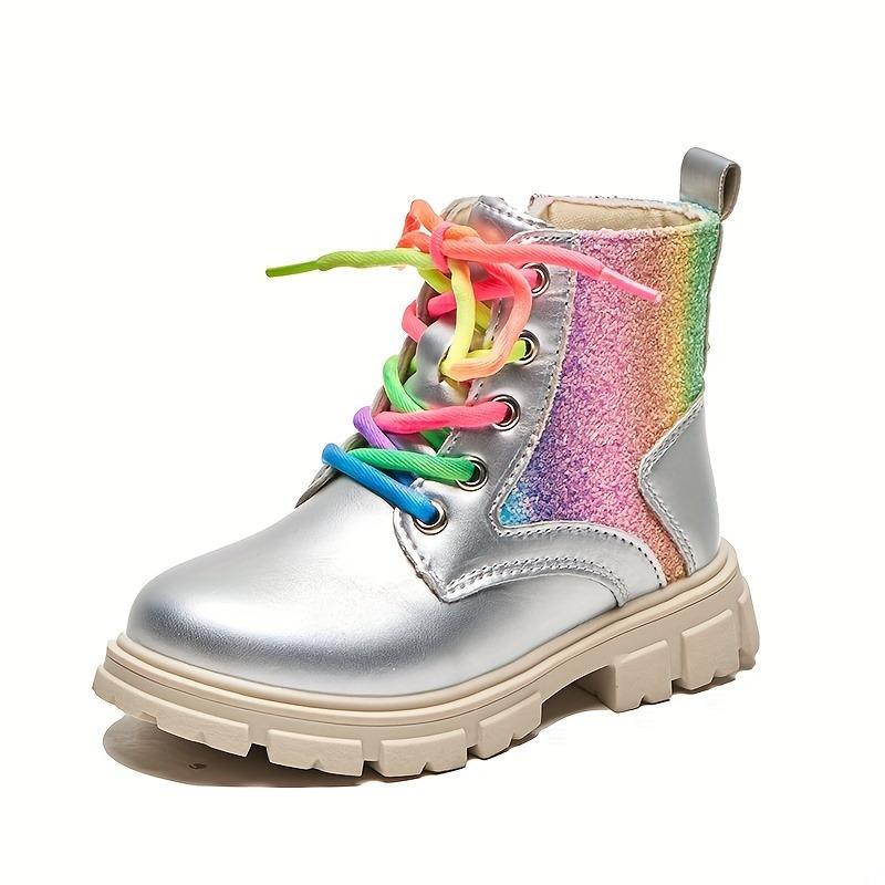 Trendy Girls Rainbow Zip Ankle Boots Sparkly Non Slip Rubber Sole Lace Up Colorful Shoelaces Fall Winter Princess Style