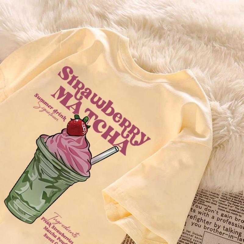 Summer Fashion Sweet Style Strawberry Matcha Ice Cream Printed Tshirt for WomenShort Sleeved Top Casual Round Neck Tee