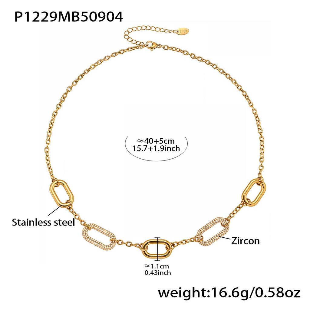 Oval Inlaid Diamond Necklace with Freshwater Pearl, Stainless Steel Pendant & Clavicle Chain for Women