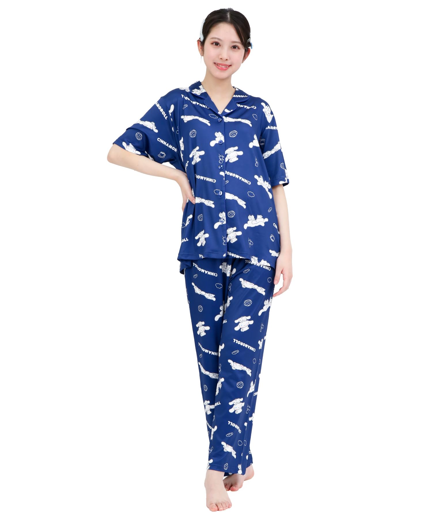 

SAZAC Cinnamoroll and Milk Shirt Powder Stretch Short Sleeve and Long Pants Loungewear Pajamas, Fabric, Women s Set, (Navy/L/SAN1951)