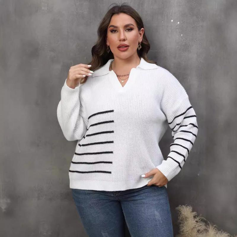 

Женский вязаный пуловер большого размера, одежда для женщин, осень-зима, новый свитер в полоску с цветными блоками и воротником поло 3XL белый