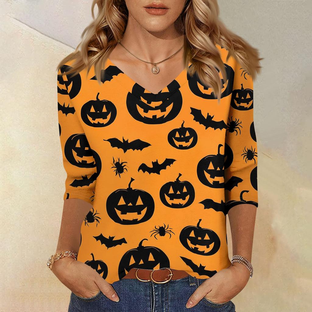 Womens Halloween Print V Neck Top Three Quarter Sleeve Casual Shirt Lightweight Soft Fabric Relaxed Fit Comfortable Everyday Wear
