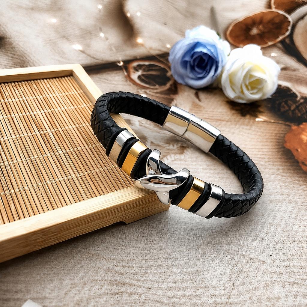Men' Leather Bracelet Black Braided Gold Silver Gift Thick