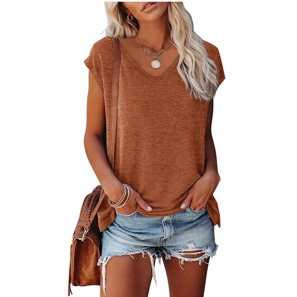 Womens' Fashionable And Casual Solid-color Basic V-neck Short-sleeved Top