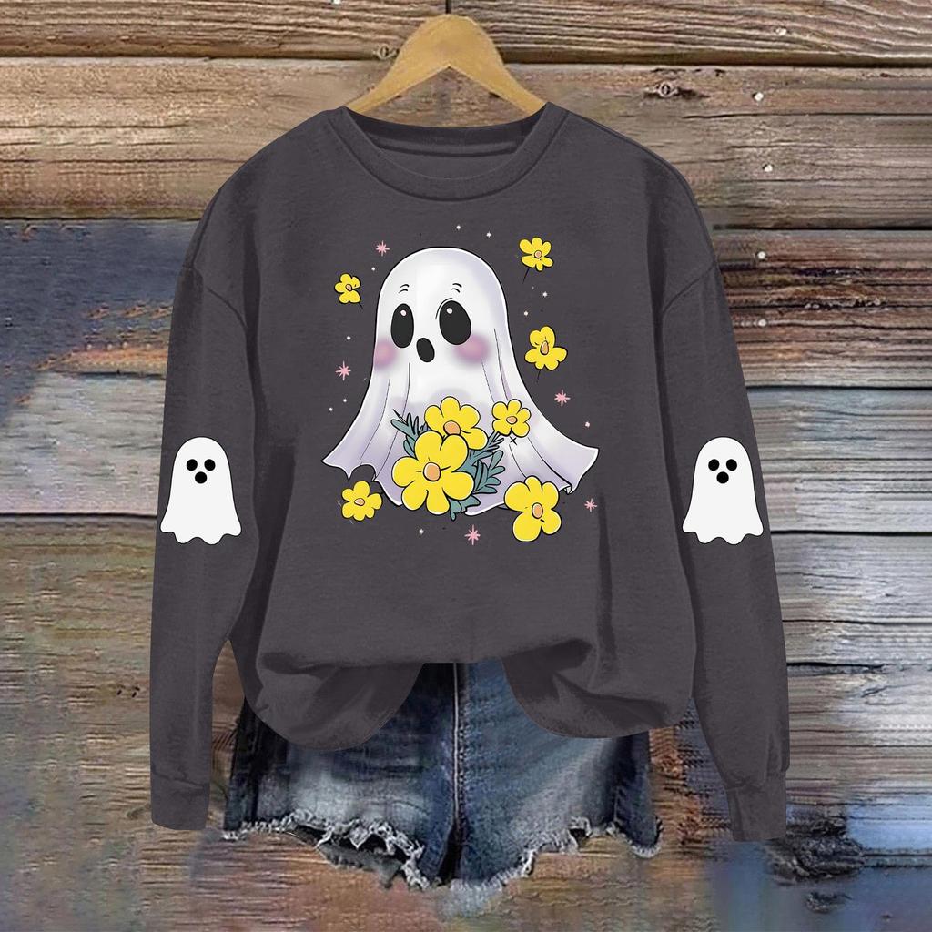Women's Fashionable Casual Long-sleeved Halloween Printed Round-neck Top