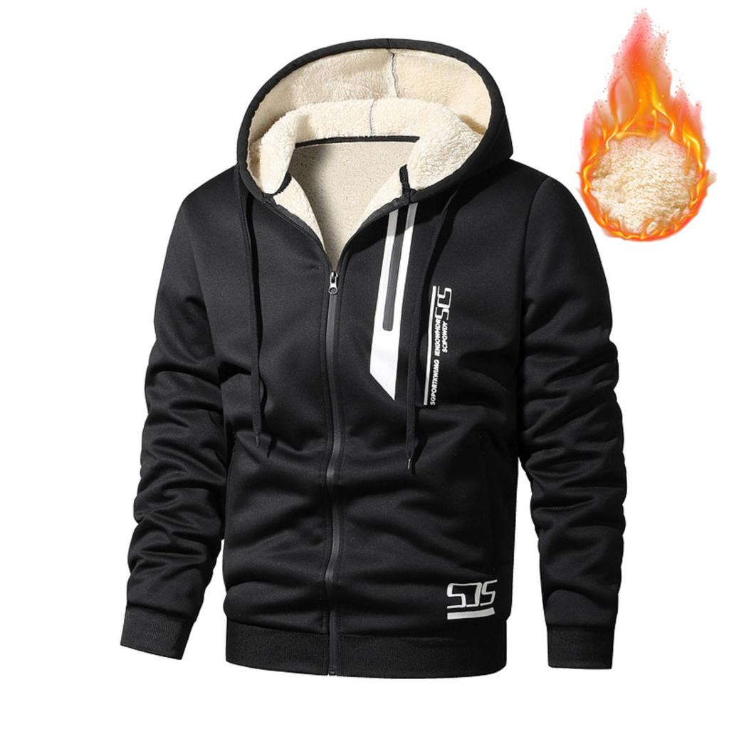 Hettejakke i lammeull for menn, høst og vinter med tykk fleecehette-cardigan, avslappet varm jakke