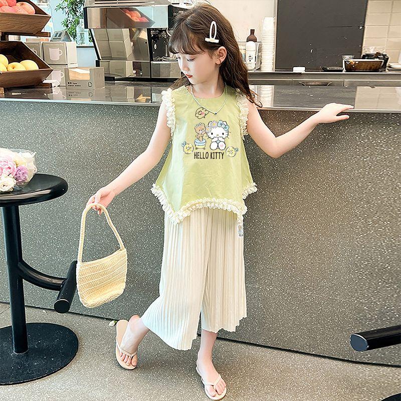 Hellokitty Girls Summer Suit 2025 New Lace-Edged Short-Sleeved Draped Pants Kidsren's Summer Two-Piece Set