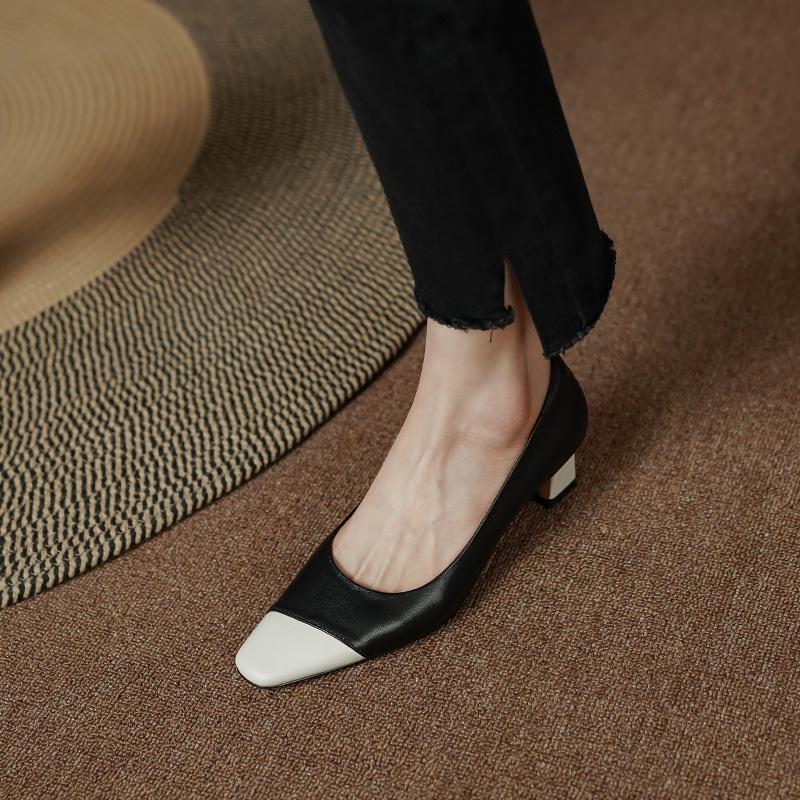 Mixed Color Office Lady Shoes Woman Pumps 2024 New Spring Summer Genuine Leather Square Toe Mature Concise Working Shoes Basic