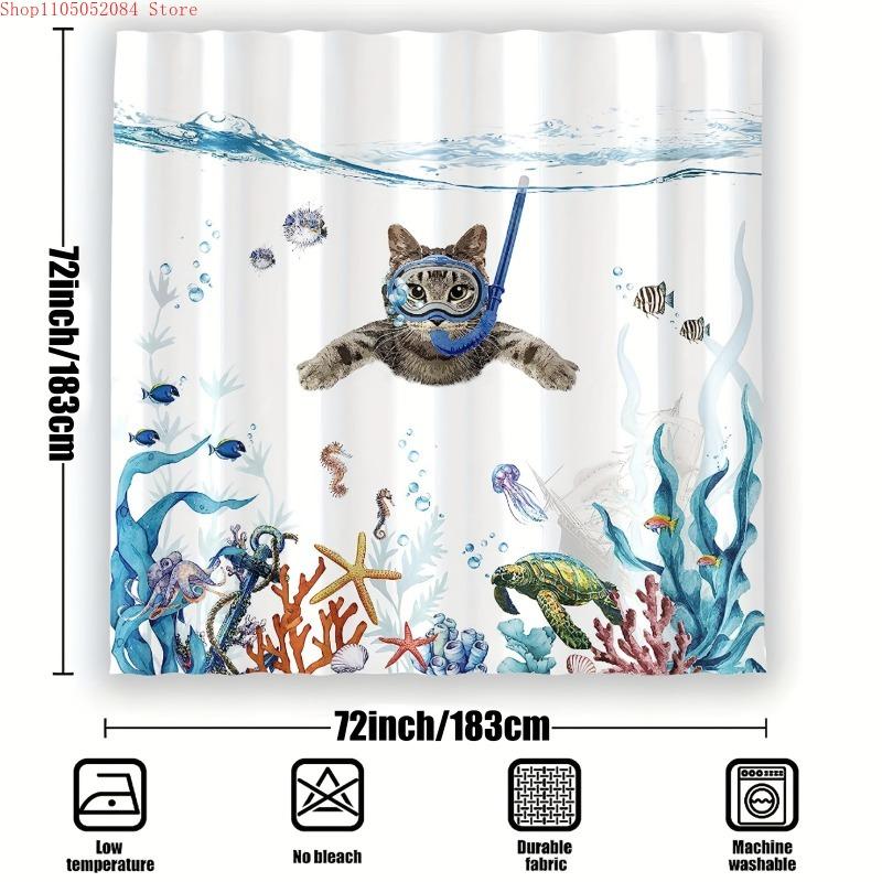 whimsical cat shower curtain set blue green - With Hooks Waterproof Mildew Proof Easy Install Washable